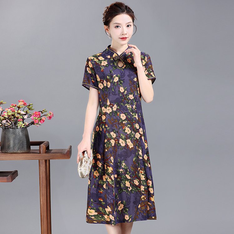 2023 Summer New Dress Large Swing Dress Middle-Aged and Elderly Women's Clothing Mother's Short Sleeve Floral Improved Cheongsam Dress