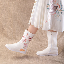 九尾冬季新款平跟高跟中筒靴绣花薄款民族风靴子女民族风中筒靴