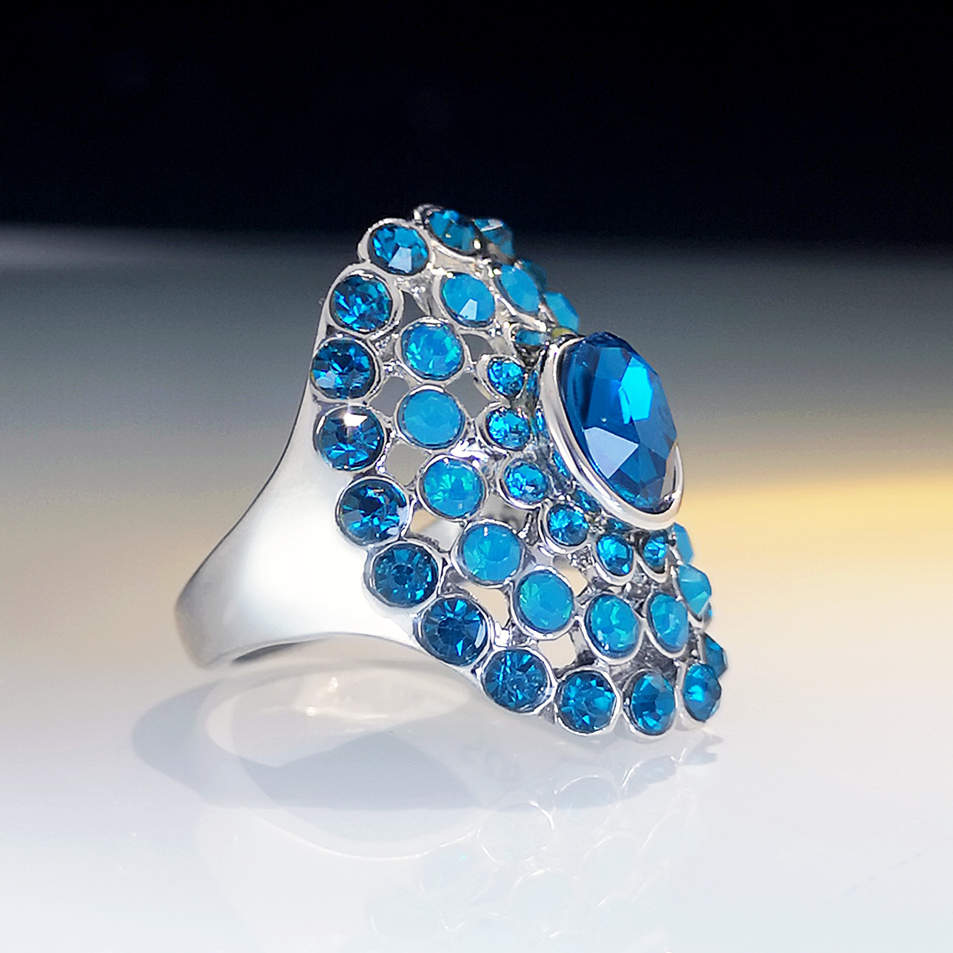 荣钰 欧美时尚多彩色蛋白石戒指女 个性夸张水晶宝石订婚派对戒指