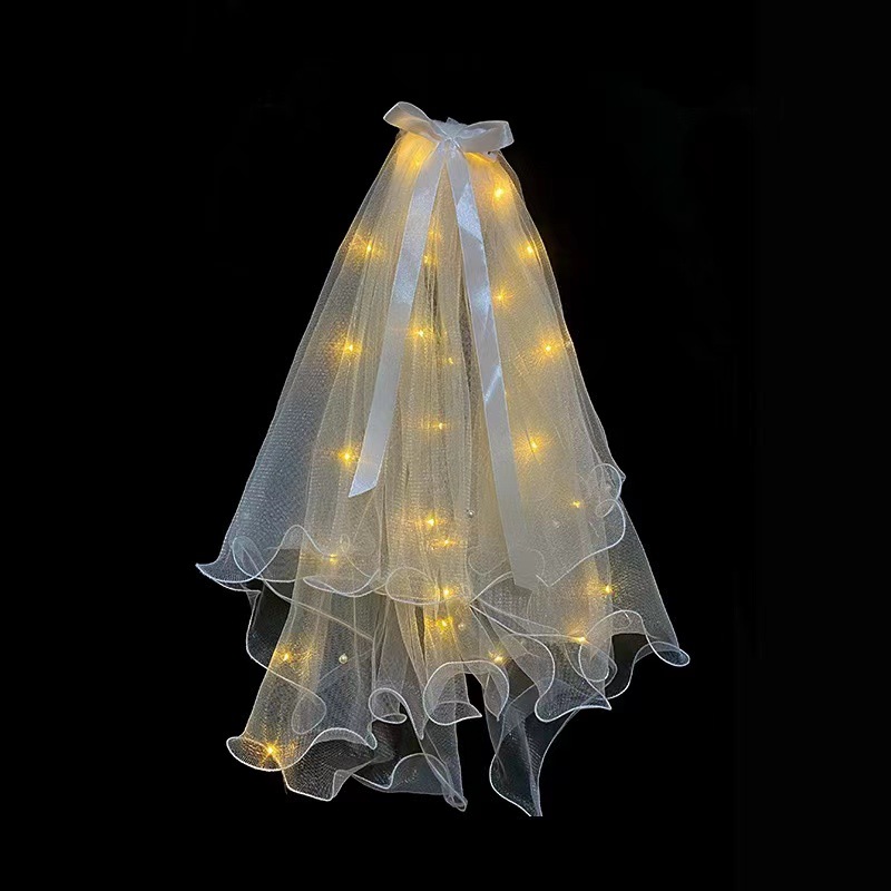 头纱网红拍照道具带灯闪光摆摊珍珠头纱儿童软纱超仙系旅拍领证 图片