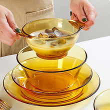 耐热玻璃碗泡面碗琥珀色家用大号沙拉碗面碗汤碗盘子餐具套装无