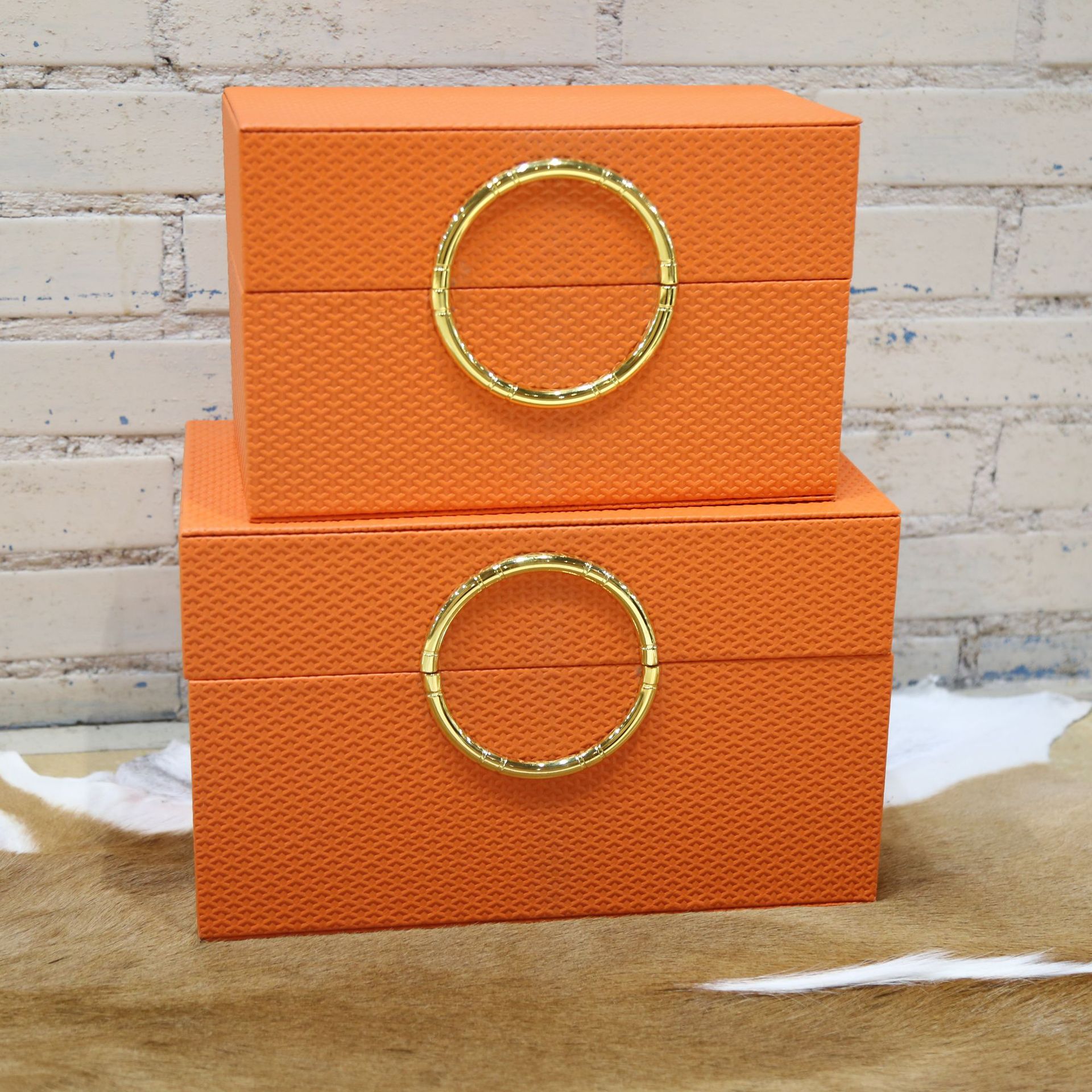 简约时尚装饰盒样板房玄关收纳摆件橙色皮质盒子软装衣帽间收纳盒