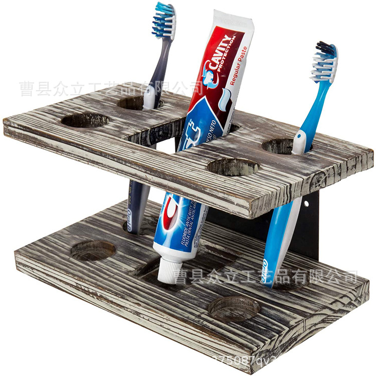 Wooden Wall-Mounted Bamboo and Wooden Toothbrush Toothpaste Holder Bathroom Storage Rack Shelf Manufacturer Production Wall Hanging Solid Wooden Frame