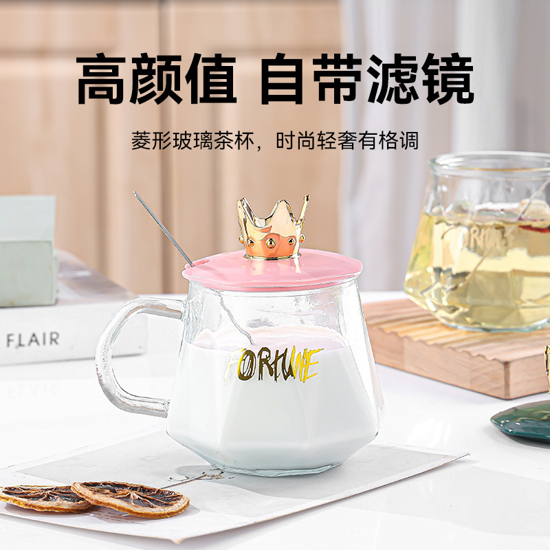 Internet Celebrity Crown Glass Cup Coffee Cup Simple Ins Style Female Water Cup with Handle with Lid Breakfast Cup Transparent Tea Cup