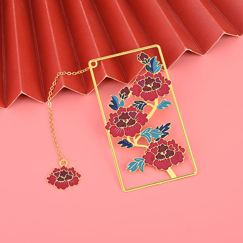 Chinese Peony Metal Bookmark in Stock Wholesale Hollow Paint Cherry Rose Bookmark Creative Blind Box Small Gift