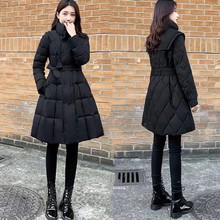 2022新款女装冬季修身收腰中长款棉服保暖女黑色显瘦袄外套加厚