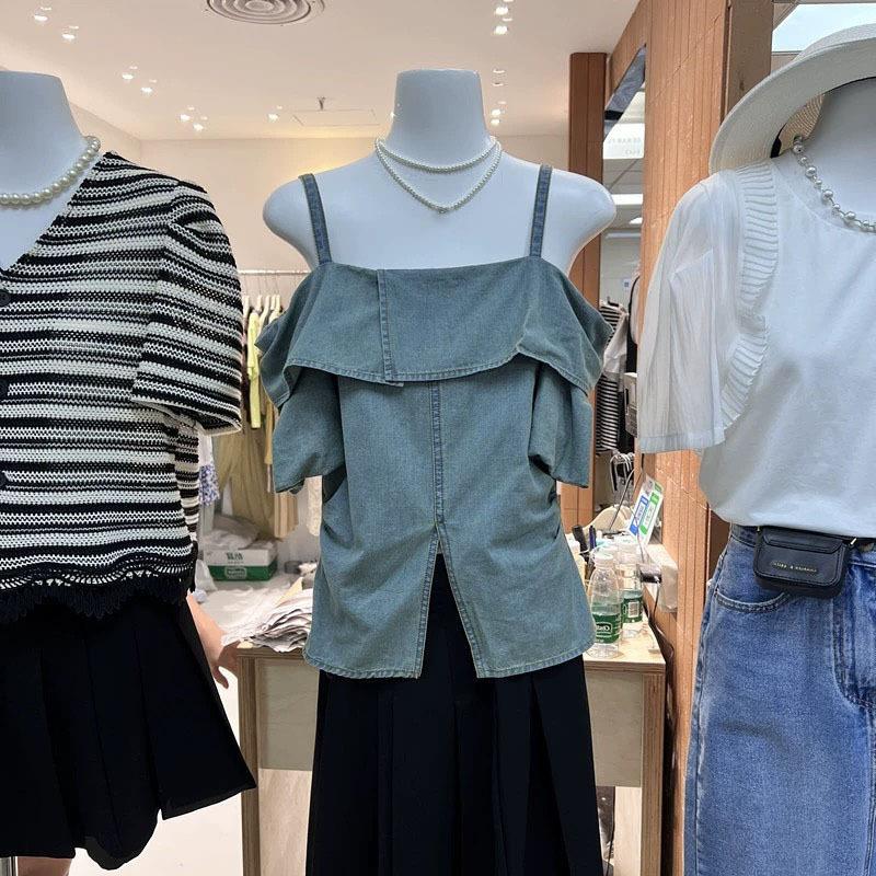 一件代发牛仔新款一字领东大门韩国复古水洗泡泡袖短袖上衣夏uus