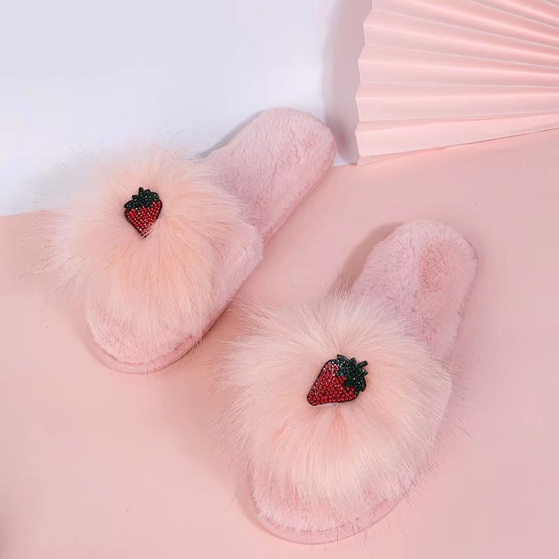 跨境草莓水钻棉拖鞋女毛绒家居拖鞋一字毛毛拖鞋秋冬外穿拖鞋韩版