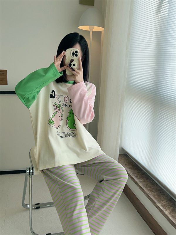 Women's Autumn Long Sleeve Trousers Suit Cartoon Casual Pajamas Korean round Neck Can Be Worn outside Pinkweo Genuine Goods