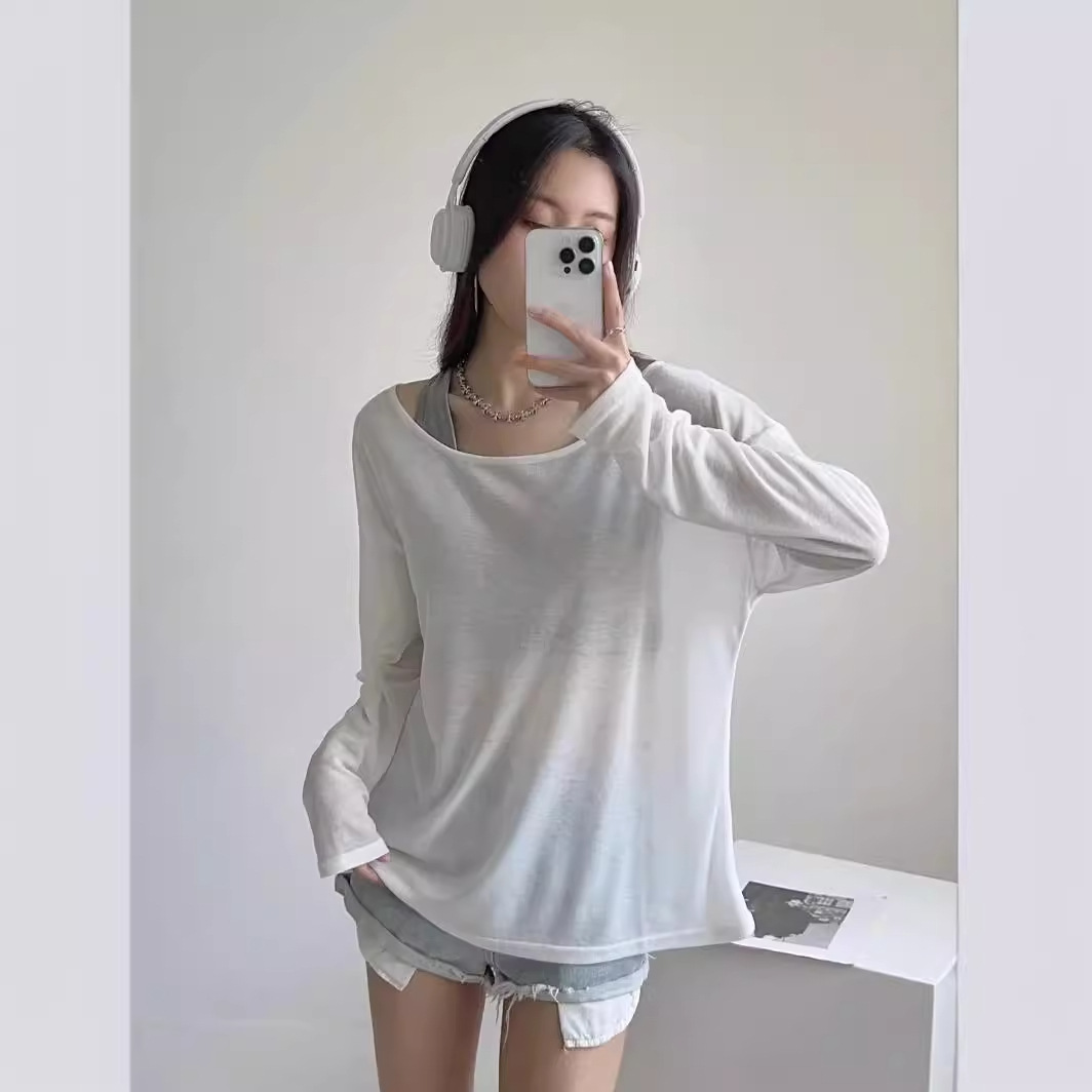 欧美风纯欲微透薄款不规则长袖t恤女性感宽松休闲罩衫慵懒上衣