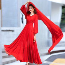 女装雪纺连衣裙2024新款大红色超长款沙滩裙海边度假长袖大摆长裙