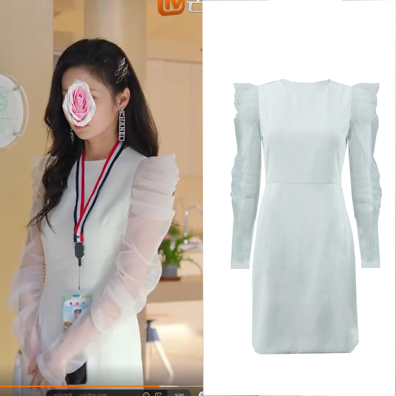 陪你一起长大林芸芸颖儿同款夏季新款白色拼接欧根纱气质连衣裙女