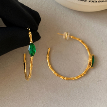 银针新中式祖母绿色锆石金色复古竹节大圈耳环女独特夸张耳钉耳饰