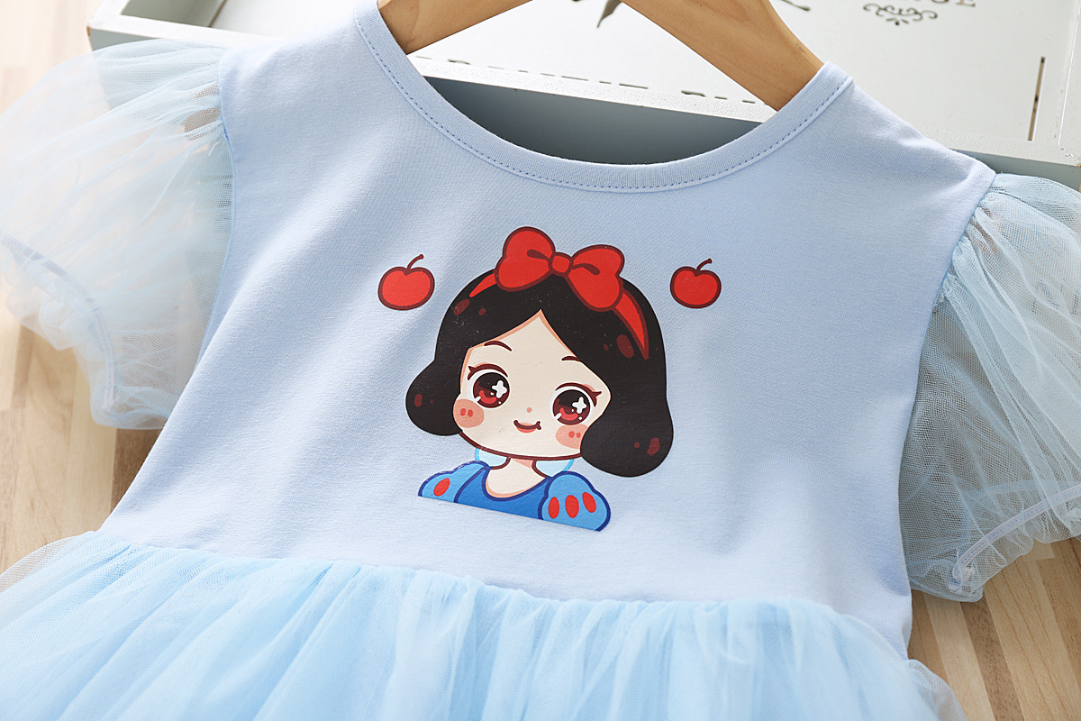 童裙外贸 22新款女童夏装短袖t恤网纱拼接裙子女孩卡通白雪公主裙