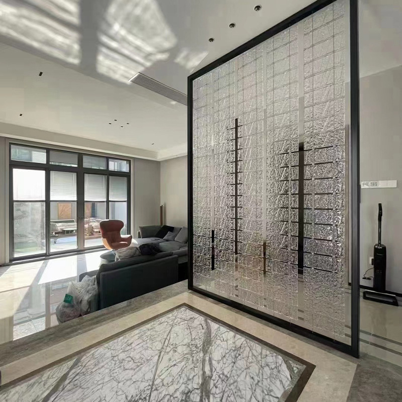 创意不锈钢水晶玻璃屏风隔断墙中式现代玄关透光磨砂水晶玻璃隔断