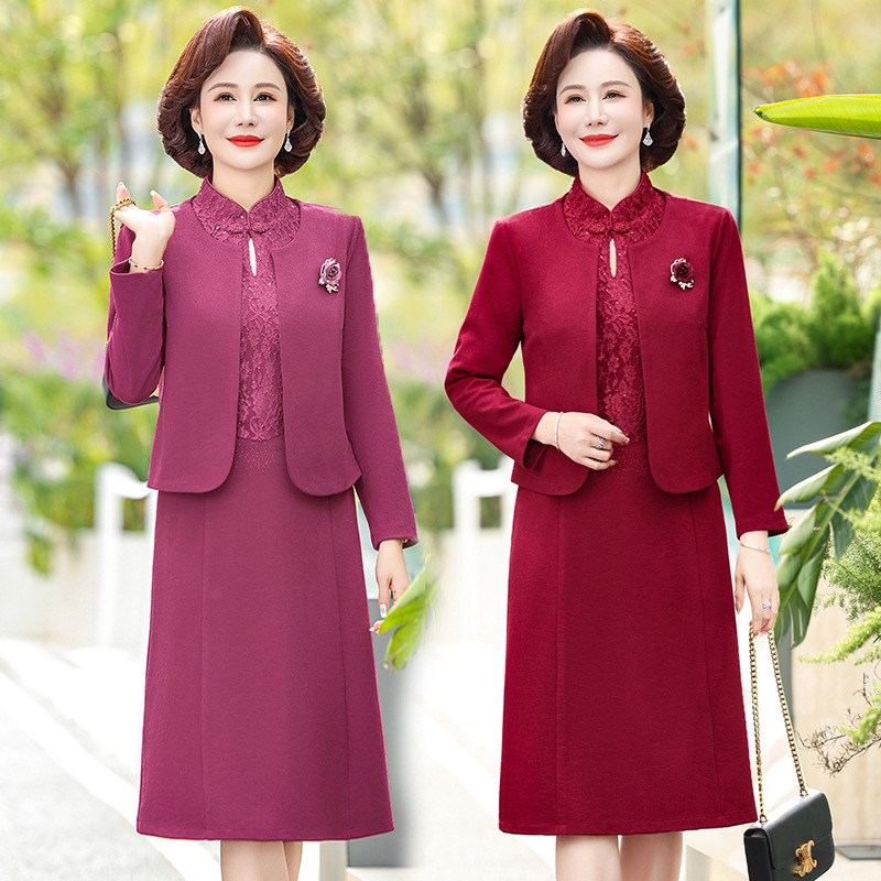 结婚礼服妈妈春秋夏红色套装裙子2024新款喜婆婆婚宴春装旗袍