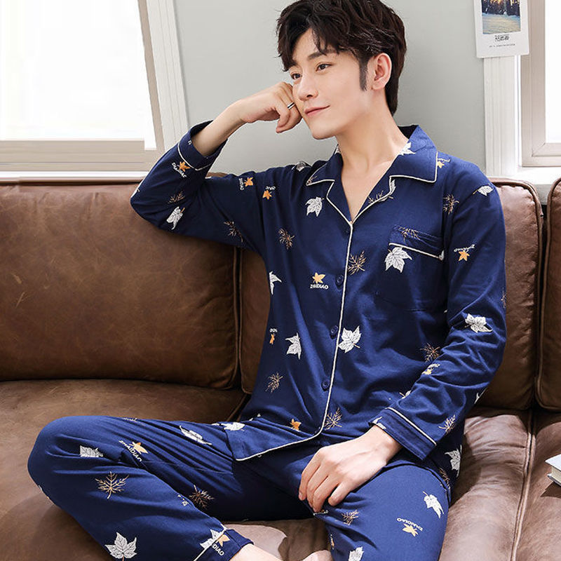 Men's Pajamas Long Sleeve Spring and Autumn Pajamas Men's Spring and Summer Thin Home Wear Youth Middle-Aged Pajamas a Set of Men's Solid Color Cotton