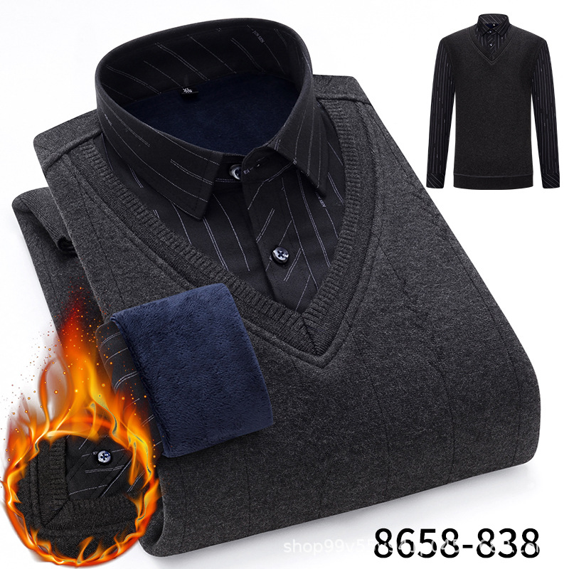 High-End Fake Two-Piece Men's Pullover Keep Warm Shirt Winter Fleece-Lined Thickened Young and Middle-Aged Shirt Casual Gentleman Shirt