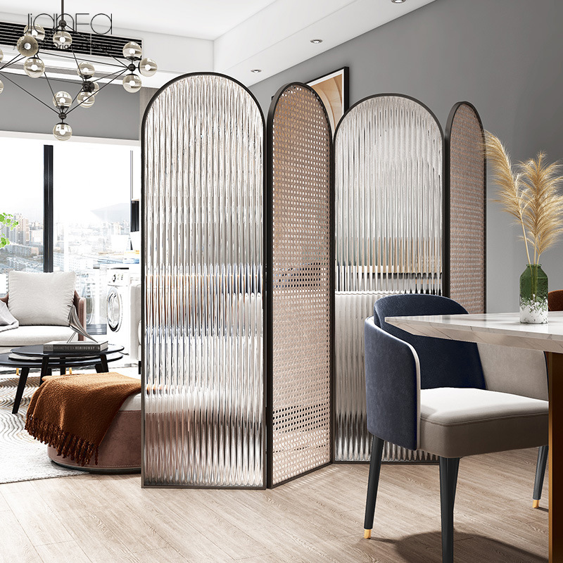北欧简约设计藤编长h玻璃屏风隔断客厅玄关创意折叠移动