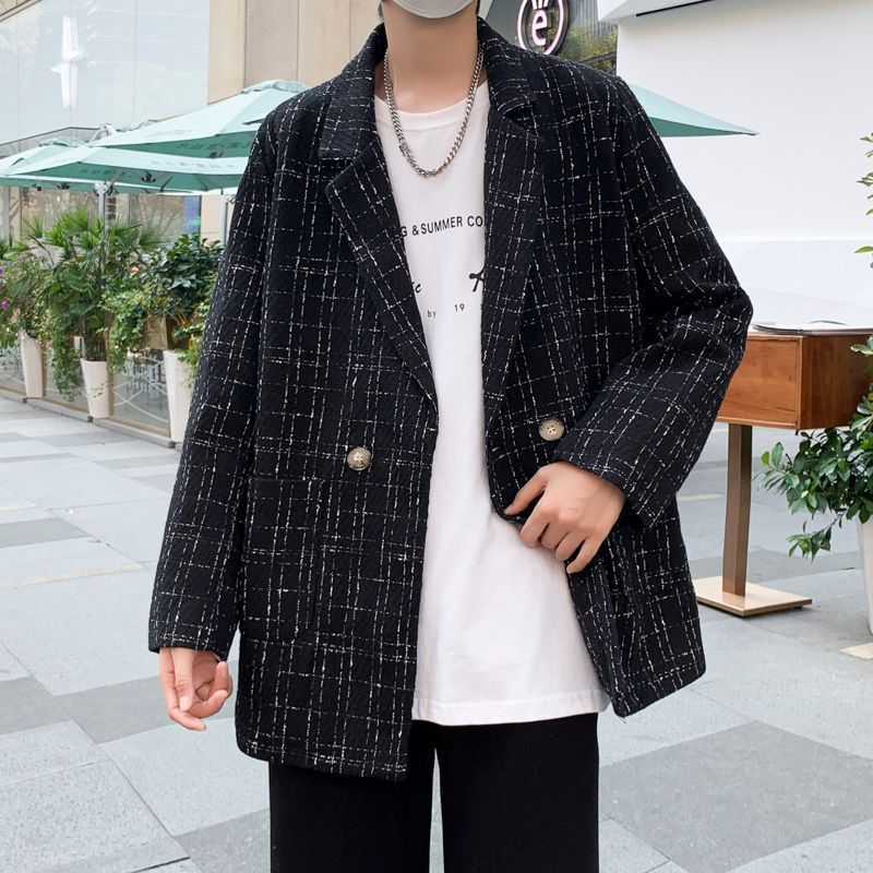 时尚小香风西装夹克男春秋潮牌炸街宽松休闲帅气编织格子毛呢外套