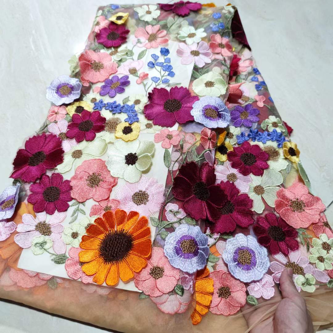 双边时尚爆款网纱立体花朵刺绣服装旗袍布料面料 3d lace fabric
