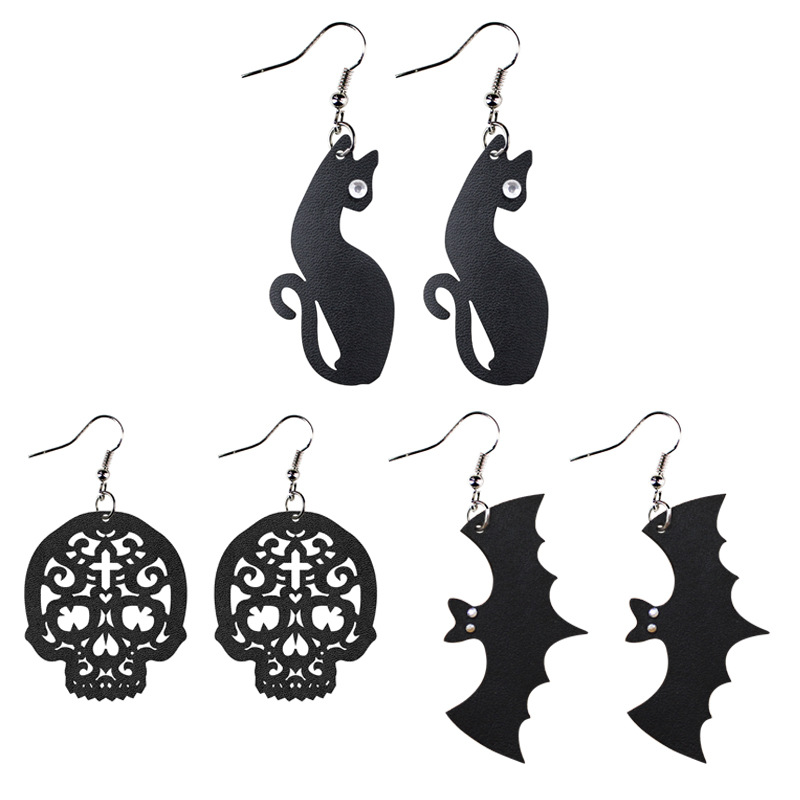 Halloween Spot Drill Black Cat Black Cat Rhinestone Leather Earrings Hollow Skull Bat Cross-Border Amazon