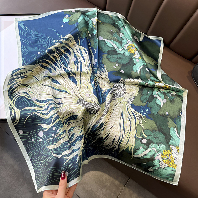 New Goldfish Peony Chinese Style Vintage Flower Silk Scarf Silk Mulberry Silk 70 Square Scarf Decorative Bag for Women