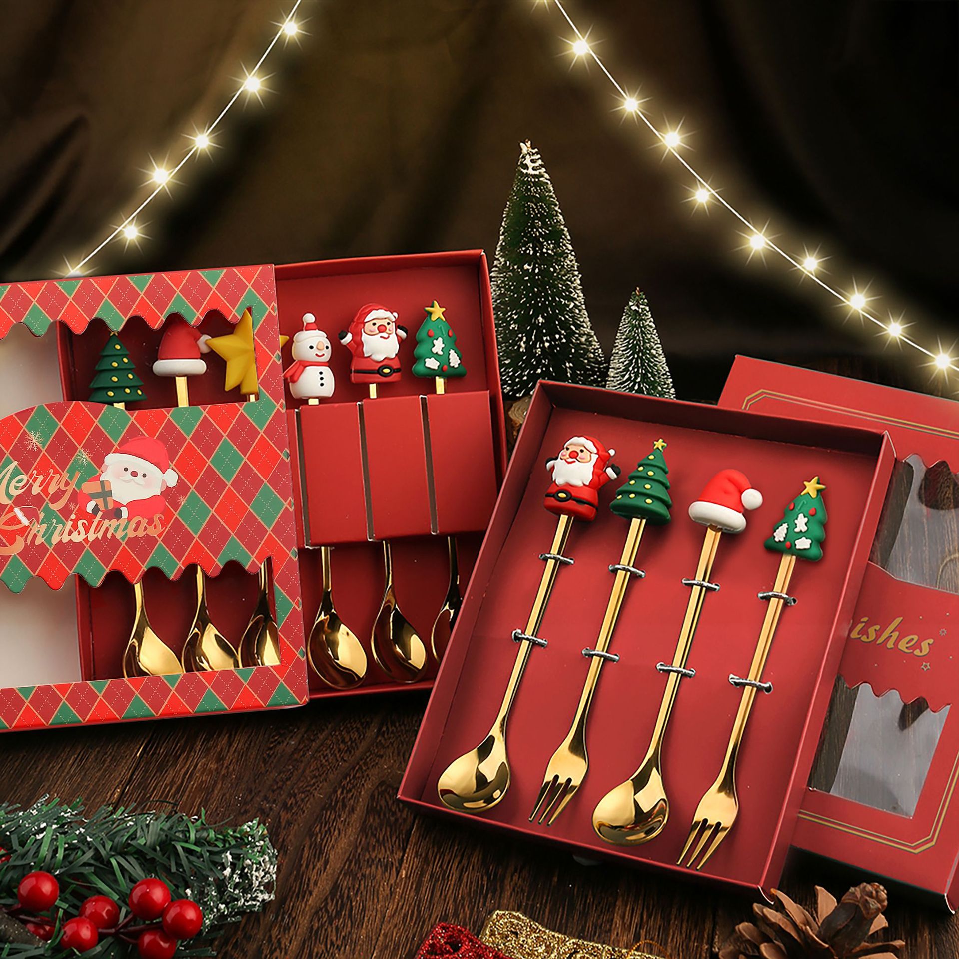 J Cross-Border Christmas Spoon and Fork Set Cartoon Funny Rabbit Year Santa Claus Spoon Creative Christmas Dessert Spoon Fork Gift Box