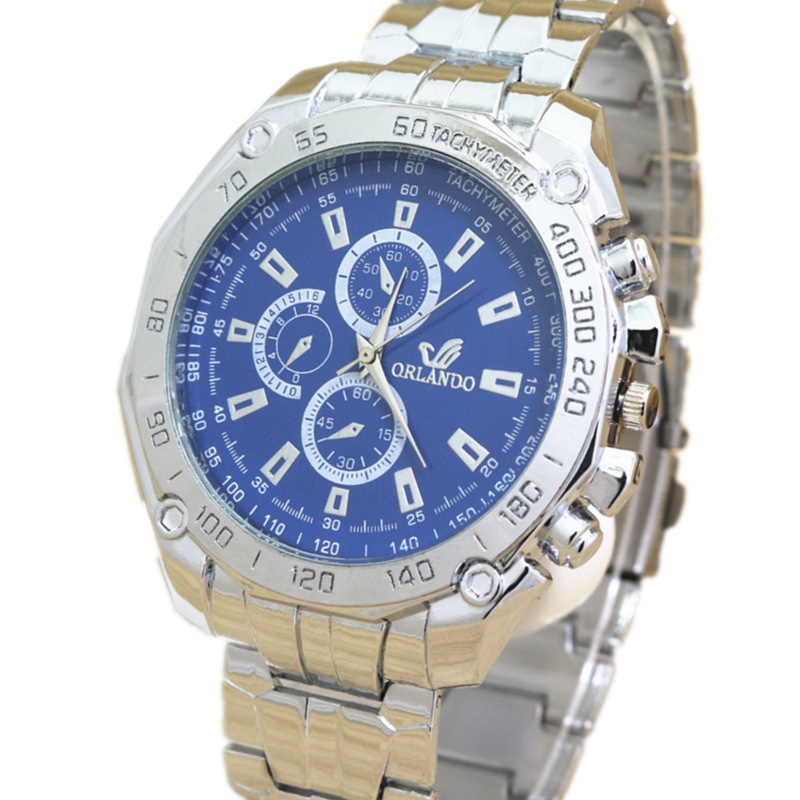 跨境orlando三眼六针钢带表 时尚潮流男士蓝色表盘休闲简约时装表