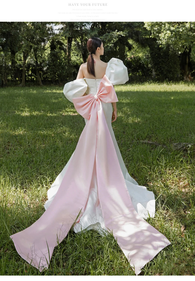 明星高定婚纱鱼尾一字肩大蝴蝶结礼服女迎宾纱法式简约缎面轻婚纱