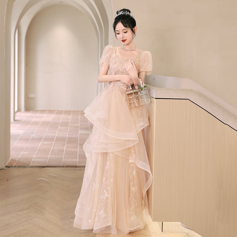 香槟色毕业晚礼服生日宴会气质公主裙主持人法式钢琴演出服连衣裙
