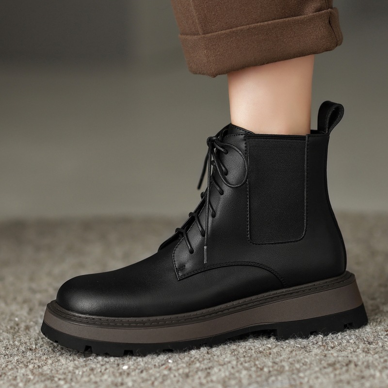 2022秋冬新款牛皮英伦风厚底马丁靴子圆头中跟系带加绒短靴女40码