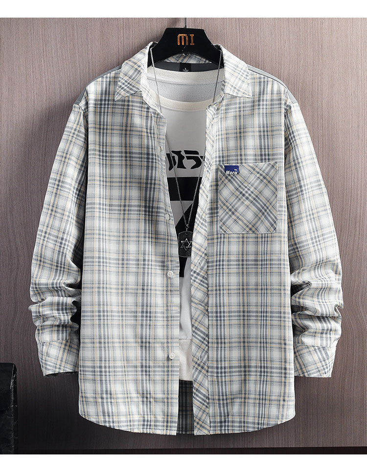2021秋季新款男士港风翻领格子长袖衬衫韩版青少年休闲男衬衣潮流