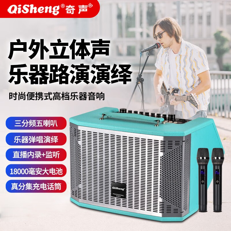 奇声lx-107音箱专业音响弹唱充电带音箱 天空蓝 专业双无线话筒