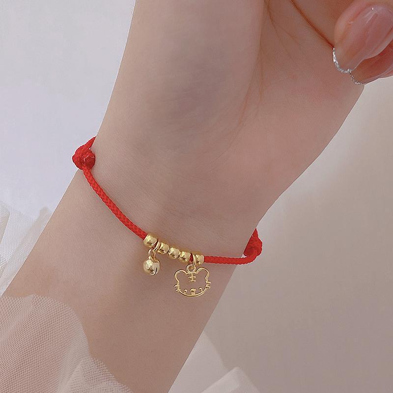 925纯银虎年本命年红绳手链好运属虎铃铛编织手绳手饰品过年礼物