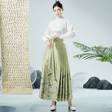2023新中式国风绿色刺绣花朵马面裙半身裙+立领刺绣衬衣两件套