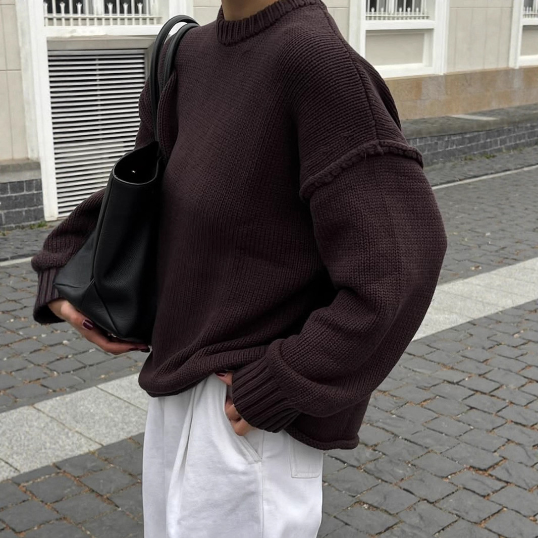 跨境圆领反套毛衣欧美2025秋冬纯色百搭休闲慵懒风套头针织上衣