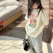 韩国童装女童印花短袖夏季2024儿童中大童半袖T恤洋气上衣宽版t恤