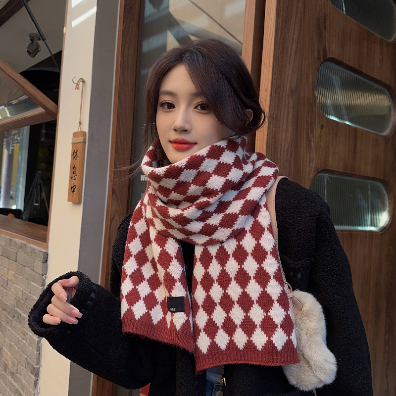 Diamond Plaid Scarf for Women New Japanese Style Cashmere-like Plaid Knitted Shawl Autumn and Winter Wild Warm Couple Scarf