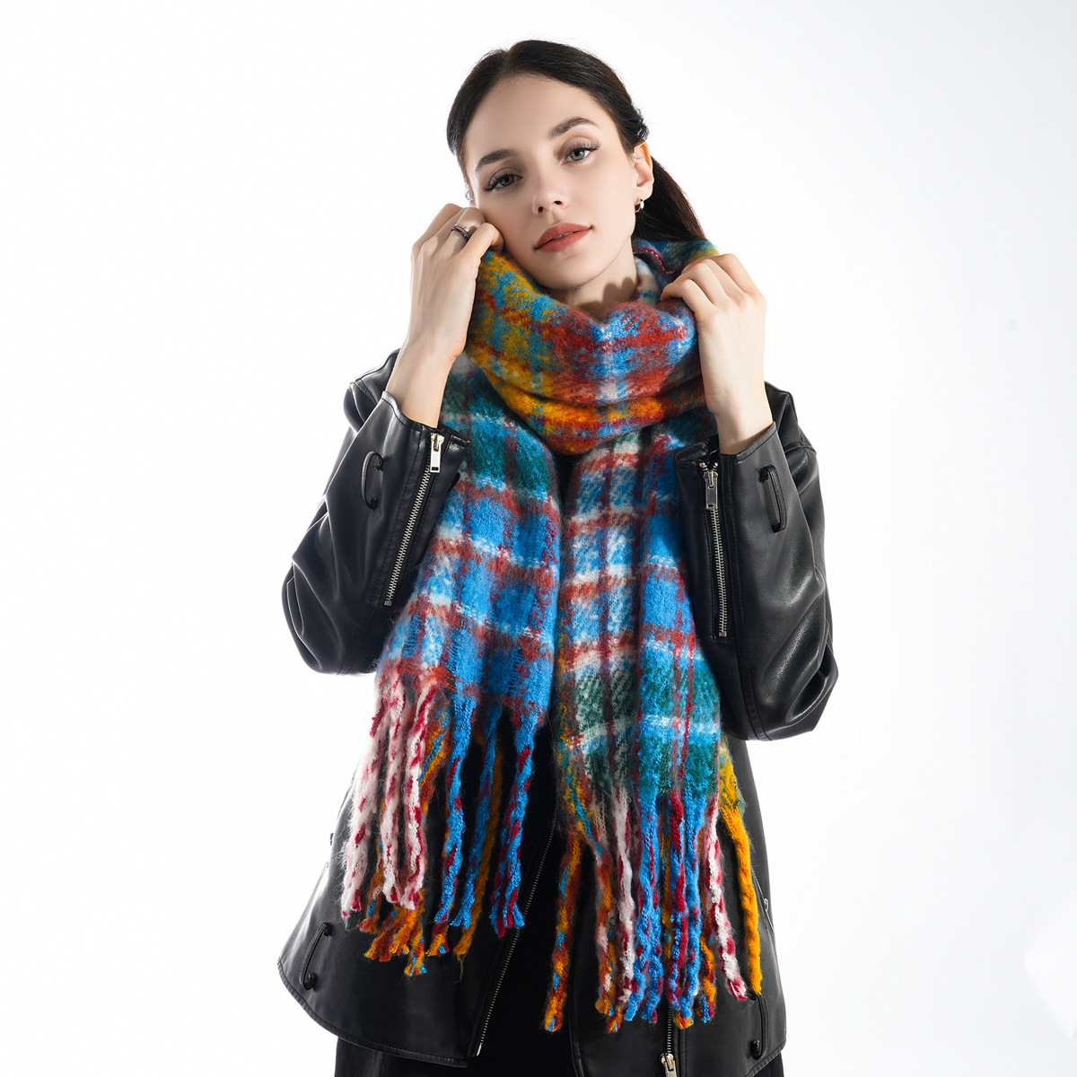 Cross-Border New Arrival Mohair Rainbow Plaid Scarf Women's Fashion High-Grade Knitted Tassel Thickened Warm Shawl