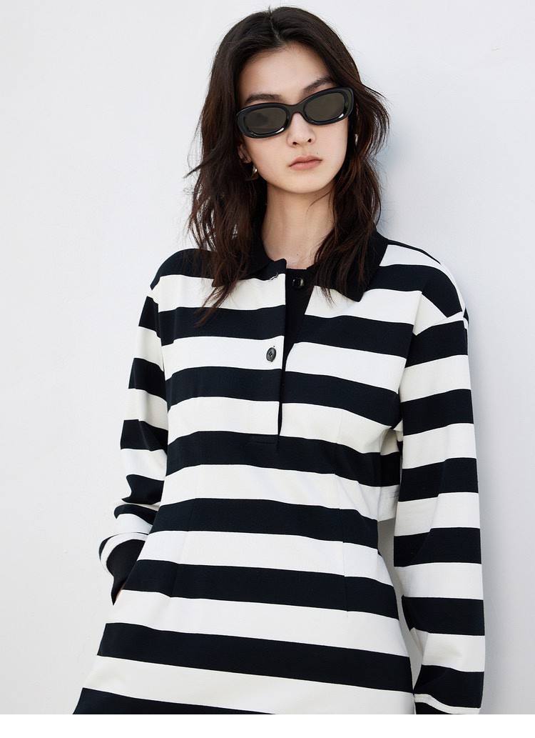 moco2023春季新品polo领宽条纹露背收腰短款棉质连衣裙mbc1drst04