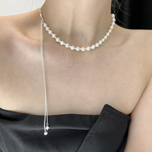 珍珠碎银子拼接随意调节项链女ins短款锁骨链简约可抽拉调节时尚