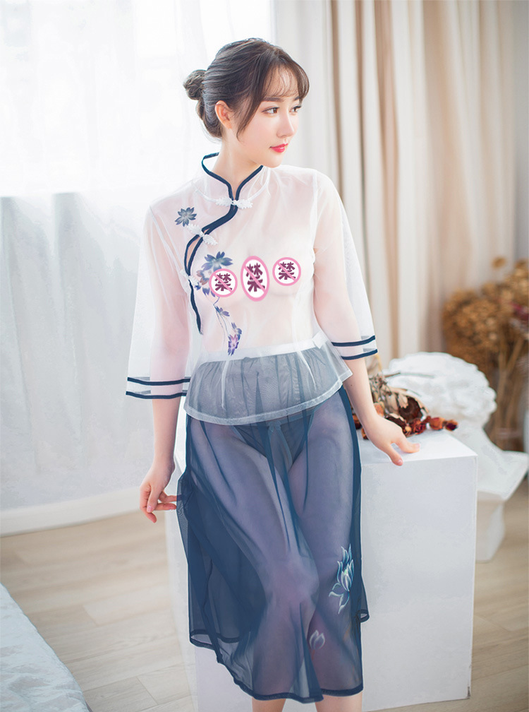 钰蕊透明网纱复古民国学生风制服套装开裆免脱情趣内衣激情诱惑