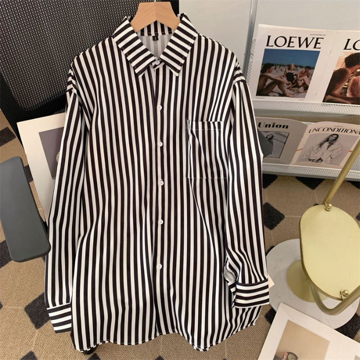 Hong Kong Style Retro Striped Long-Sleeved Shirt Dignified Sense of Design 2023 Autumn New Korean Style Loose and Lazy Style Top for Women