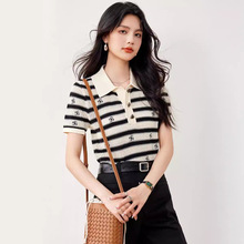 韩版条纹镂空刺绣花冰丝针织衫T恤女夏季新款修身撞色Polo领上衣