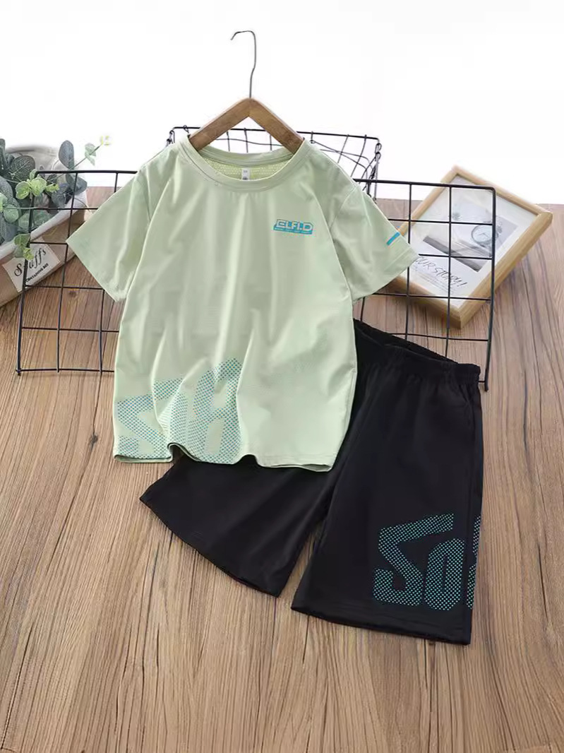 Children's Quick Drying Clothes Suit 2024 Summer New Ice Silk Short Sleeve Shorts Two-Piece Medium and Big Children's Thin Casual Wear