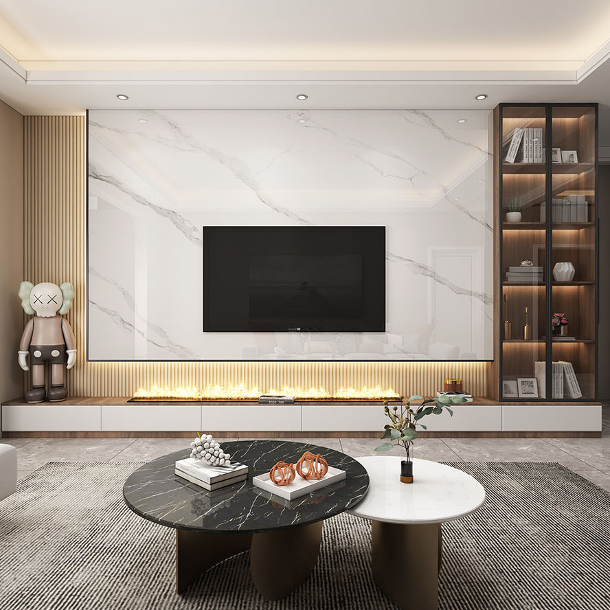 岩板电视背景墙悬空影视墙格栅装饰大理石地台岩石大板轻奢电视墙