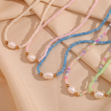 欧美时尚小众气质爆款项饰不锈钢小球彩色淡水珍珠米珠串珠项链女