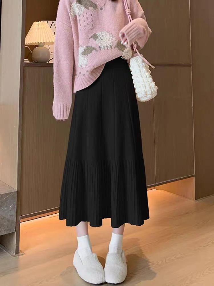 秋冬半身裙子小个子女2023新款中长款大摆鱼尾毛线针织百褶a字裙