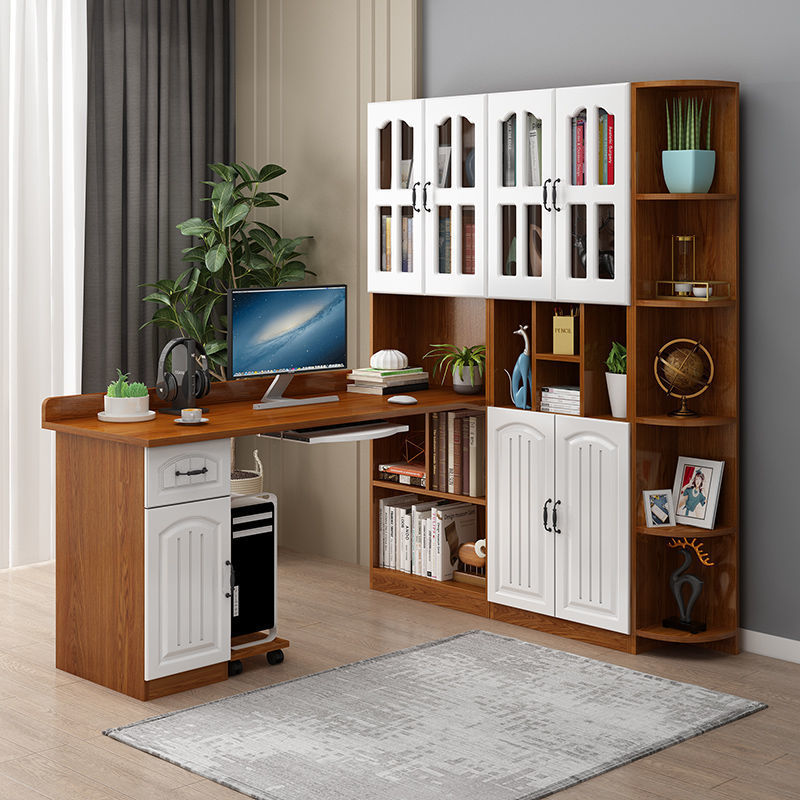 实木书桌书架一体桌组合转角电脑桌书柜家用学生写字桌儿童学习桌